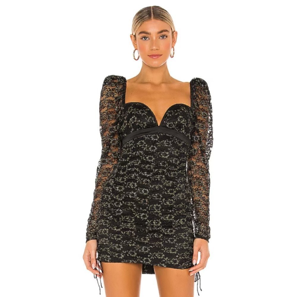 For Love and Lemons x Free People Joanna Black & Gold Lace Mini Dress S NWT